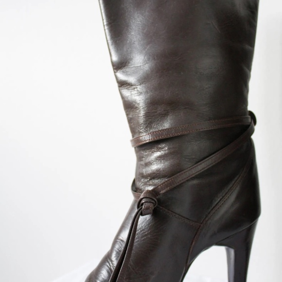 Brown Leather Mid-Calf Boots — Heeled Boots with Tie Detail, Women's Size 6 - Picture 2 of 9